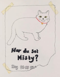 Et opslag med en efterlysning efter katten Misty. Er der mon nisser på spil?